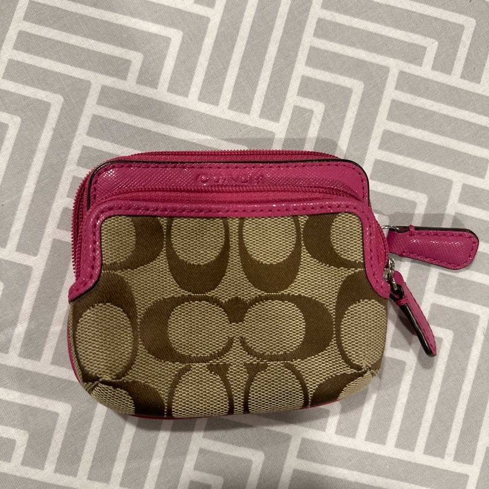 Coach Pink and Tan Signature mini wallet